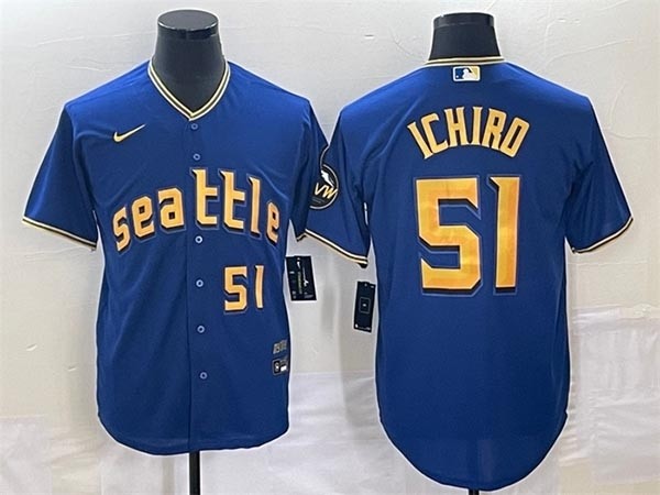 Men's Seattle Mariners #51 Ichiro Suzuki Royal 2023 City Connect Cool Base With Front Number Stitched Baseball Jersey