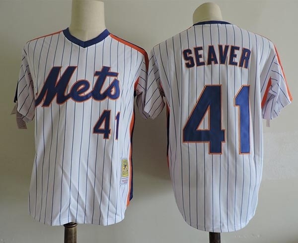 Men's Throwback New York Mets #41 Tom Seaver White Pinstripe Cooperstown Collection MLB Jersey