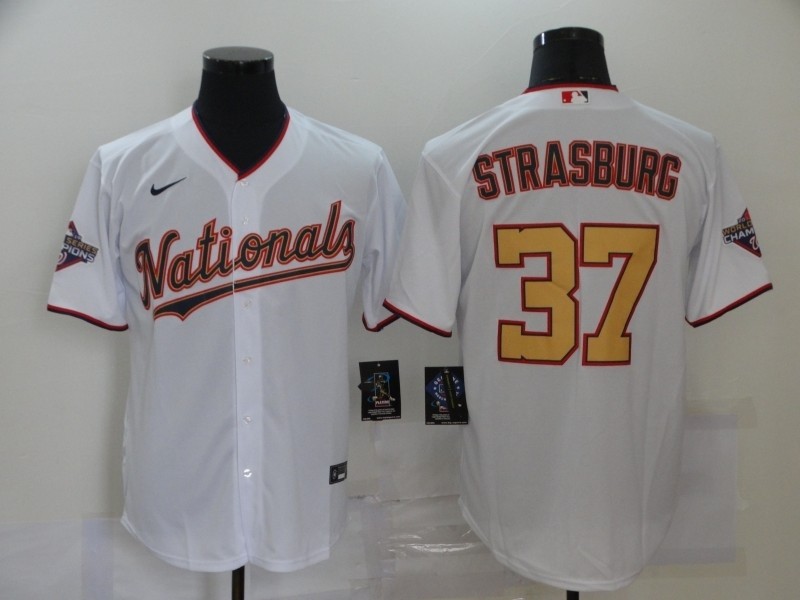 MLB Washington Nationals #37 Stephen Strasburg White Gold 2020 Nike Cool Base Jersey