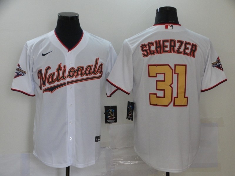 MLB Washington Nationals #31 Max Scherzer White Gold 2020 Nike Cool Base Jersey