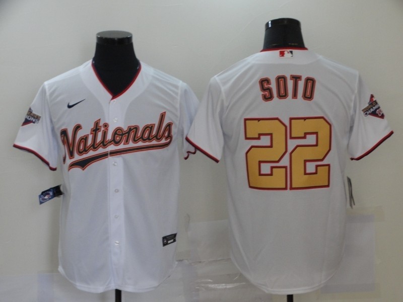 MLB Washington Nationals #22 Juan Soto White Gold 2020 Nike Cool Base Jersey