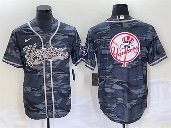 Men's New York Yankees Gray Camo Team Logo With Patch Cool Base Stitched Baseball Jersey