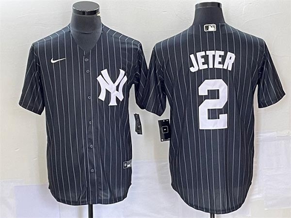 Men's New York Yankees #2 Derek Jeter Black Cool Base Stitched Baseball Jersey