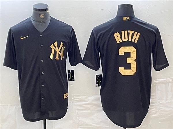 Men's New York Yankees #3 Babe Ruth Black Gold Jersey