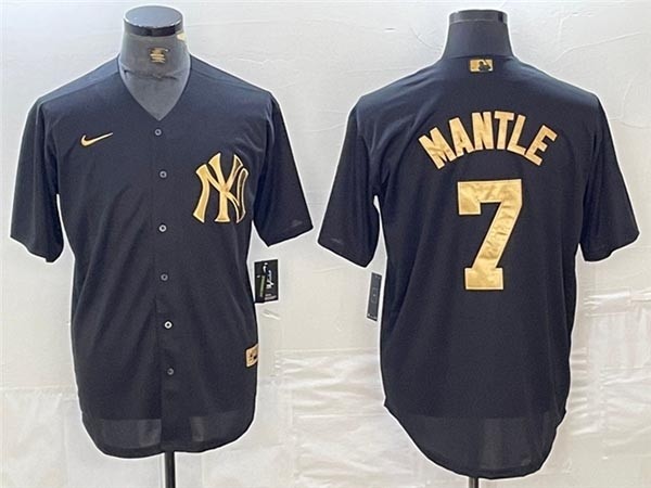 Men's New York Yankees #7 Mickey Mantle Black Gold Jersey