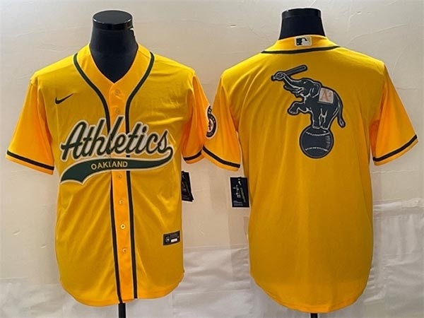 Men's Oakland Athletics Yellow Team Big Elephant Logo Cool Base Stitched Baseball Jersey