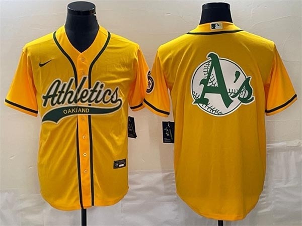 Men's Oakland Athletics Yellow Team Big Logo Cool Base Stitched Baseball Jersey