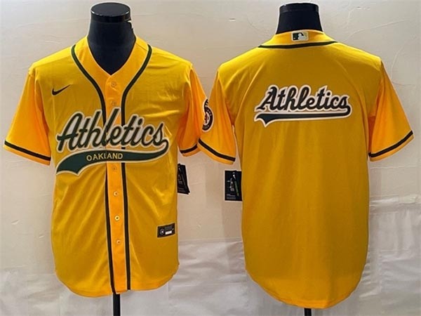 Men's Oakland Athletics Yellow Team Logo Cool Base Stitched Baseball Jersey