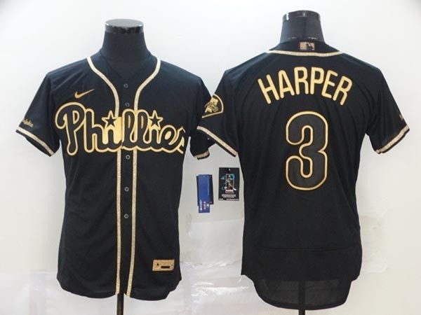 MLB Philadelphia Phillies #3 Bryce Harper Black Gold 2020 Nike Cool Base Jersey