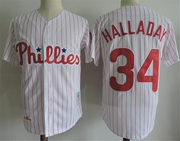 Men's Throwback Philadelphia Phillies #34 Roy Halladay White Cooperstown Collection MLB Jersey