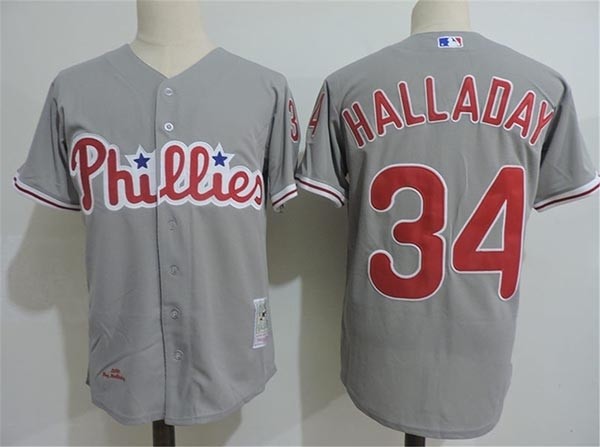 Men's Throwback Philadelphia Phillies #34 Roy Halladay Grey Cooperstown Collection MLB Jersey