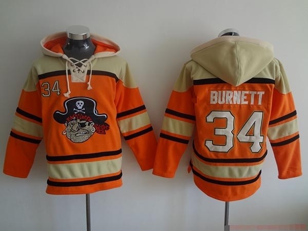 MLB Pittsburgh Pirates #34 A.J. Burnett Orange All Stitched Hooded Sweatshirt