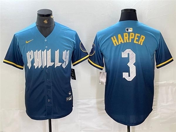 Men's Philadelphia Phillies #3 Bryce Harper Blue 2024 City Connect Limited Jersey