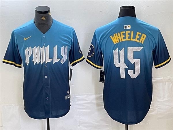 Men's Philadelphia Phillies #45 Zack Wheeler Blue 2024 City Connect Limited Jersey