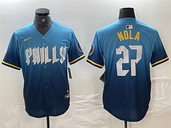 Men's Philadelphia Phillies #27 Aaron Nola Blue 2024 City Connect Limited Jersey