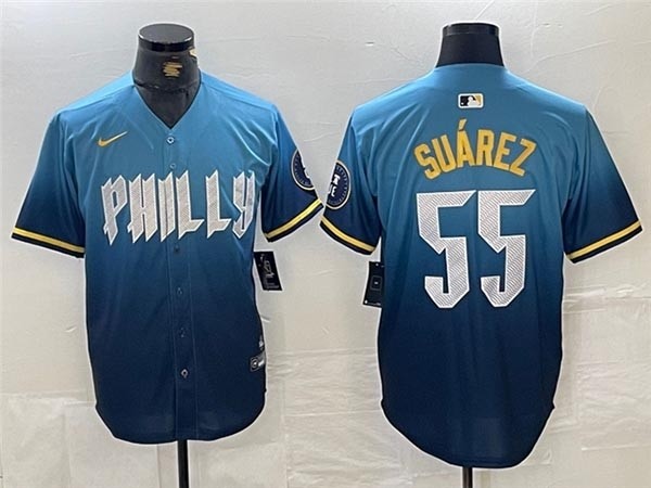 Men's Philadelphia Phillies #55 Ranger Suarez Blue 2024 City Connect Limited Jersey