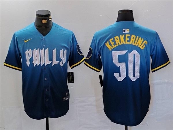 Men's Philadelphia Phillies #50 Orion Kerkering Blue 2024 City Connect Limited Jersey