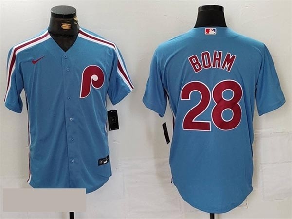 Men's Philadelphia Phillies #28 Alec Bohm Light Blue Cool Base Stitched Jersey