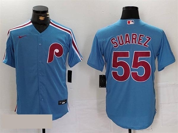 Men's Philadelphia Phillies #55 Ranger Suarez Light Blue Cool Base Stitched Jersey