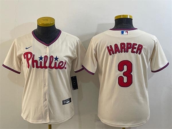 Women's Philadelphia Phillies #3 Bryce Harper Cream Cool Base Stitched Baseball Jersey(Run Small)