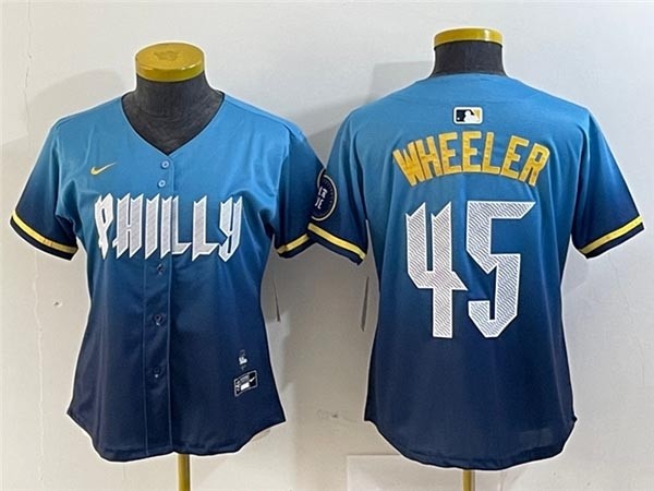 Women's Philadelphia Phillies #45 Zack Wheeler Blue 2024 City Connect Limited Jersey