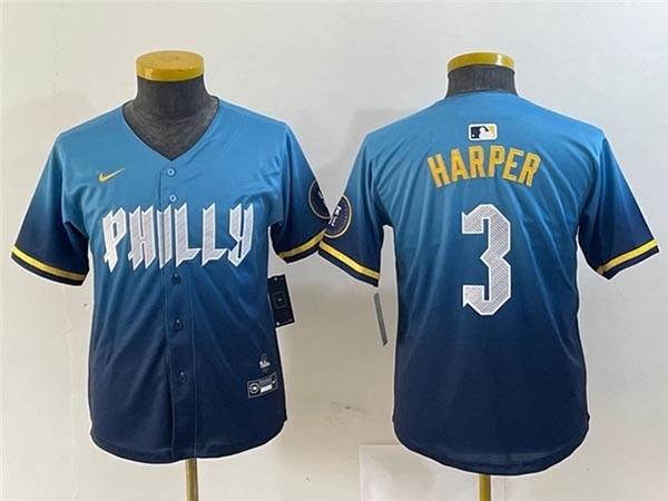 Youth Philadelphia Phillies #3 Bryce Harper Blue 2024 City Connect Limited Jersey