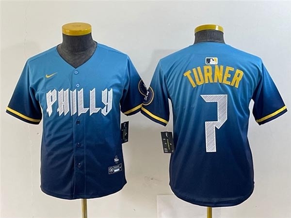 Youth Philadelphia Phillies #7 Trea Turner Blue 2024 City Connect Limited Jersey