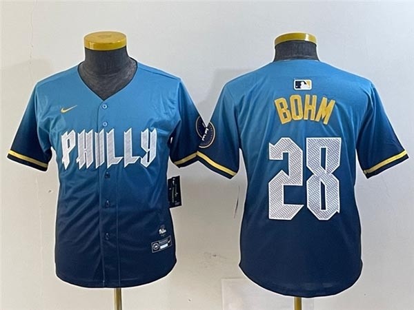 Youth Philadelphia Phillies #28 Alec Bohm Blue 2024 City Connect Limited Jersey