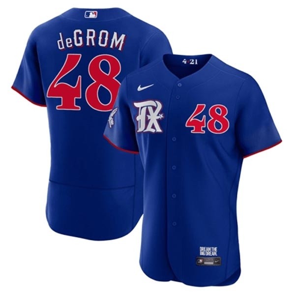 Men's Texas Rangers #48 Jacob DeGrom Royal 2023 City Connect Flex Base Stitched Baseball Jersey