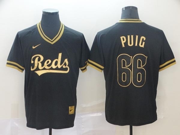 MLB Cincinnati Reds #66 Yasiel Puig Black Gold Nike Throwback Jersey