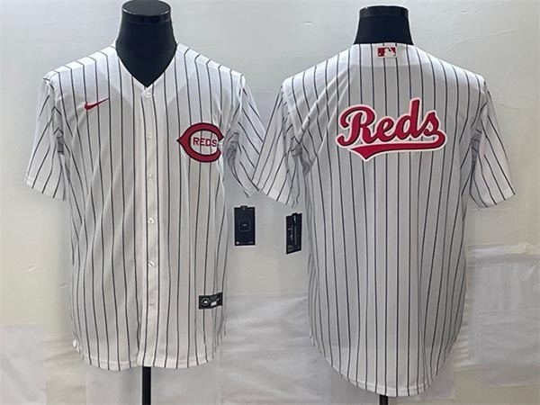 Men's Cincinnati Reds White Stripe Field Of Dreams Team Big Logo Cool Base Stitched Baseball Jersey