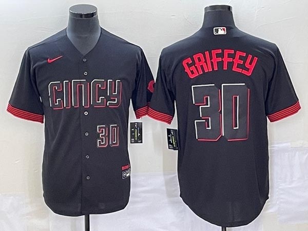 Men's Cincinnati Reds #30 Ken Griffey Jr. Black 2023 City Connect With front Number Stitched Jersey