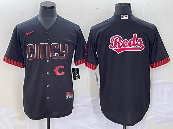 Men's Cincinnati Reds Black Team Big Logo 2023 City Connect Cool Base Stitched Baseball Jersey