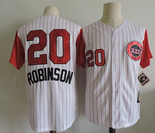 Men's Throwback Cincinnati Reds #20 Frank Robinson White with Red Sleeve Jersey