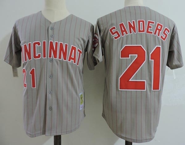 Men's Throwback Cincinnati Reds #21 Deion Sanders Grey Cooperstown Collection Jersey