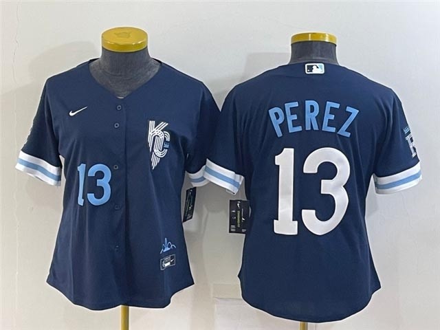 Women's Kansas City Royals #13 Salvador Perez 2022 Navy City Connect with front Number Cool Base Jersey