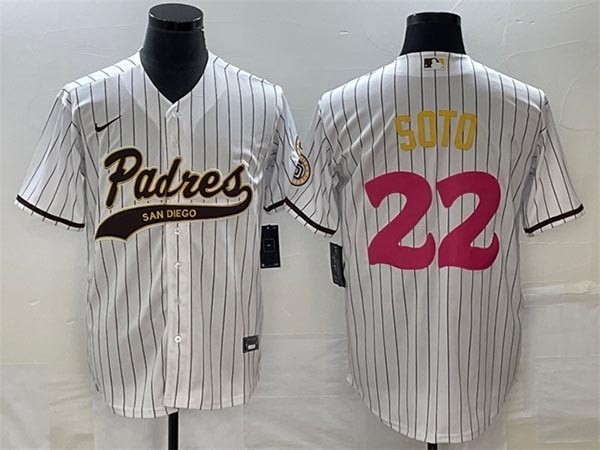 Men's San Diego Padres #22 Juan Soto White Stripe Cool Base Stitched Baseball Jersey