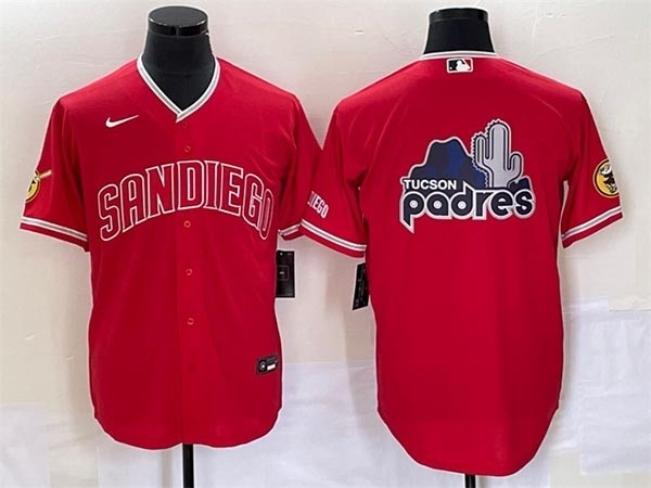 Men's San Diego Padres Red Team Big Padres Logo Cool Base With Patch Stitched Baseball Jersey