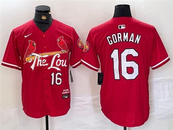 Men's St. Louis Cardinals #16 Nolan Gorman Red 2024 City Connect Limited Jersey