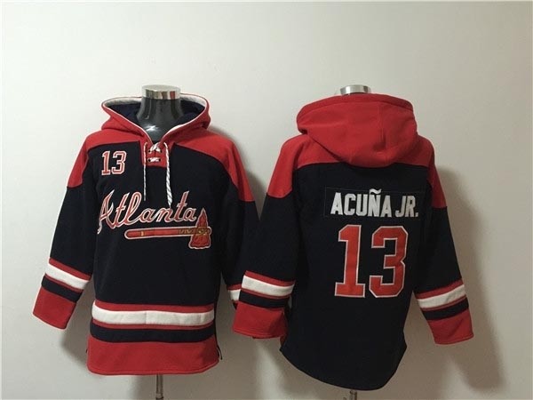 Men's Atlanta Braves #13 Ronald Acuna Jr. Navy Red Ageless Must-Have Lace-Up Pullover Hoodie