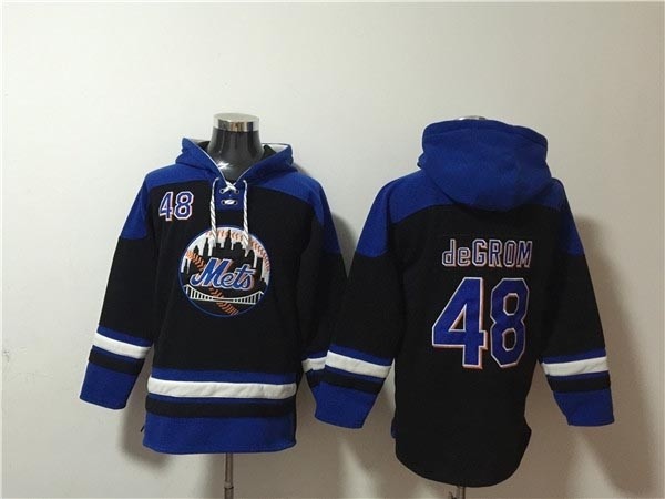 Men's New York Mets #48 Jacob DeGrom Black Blue Ageless Must-Have Lace-Up Pullover Hoodie