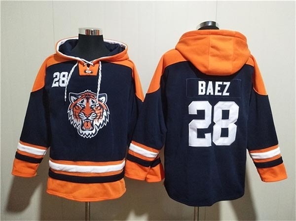 Men's Detroit Tigers #28 Javier Baez Navy Lace-Up Pullover Hoodie