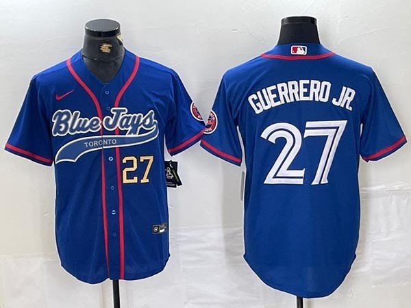 Men's Toronto Blue Jays #27 Vladimir Guerrero Jr. Royal with front gloden Number Cool Base Stitched Baseball Jersey