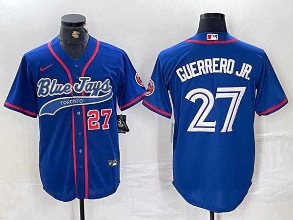 Men's Toronto Blue Jays #27 Vladimir Guerrero Jr. Royal with front Red Number Cool Base Stitched Baseball Jersey