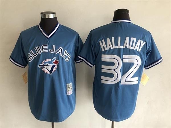 Men's Toronto Blue Jays #32 Roy Halladay Throwback Light Blue Pullover Jersey