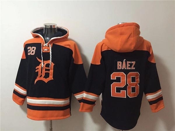 Men's Detroit Tigers #28 Javier Baez Black Orange Lace-Up Pullover Hoodie