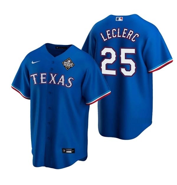 Men's Texas Rangers #25 Jose Leclerc Royal 2023 World Series Stitched Baseball Jersey