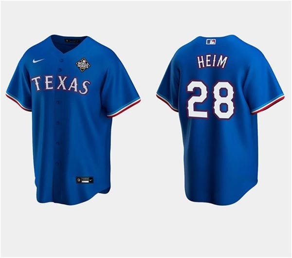 Men's Texas Rangers #28 Jonah Heim Royal 2023 World Series Stitched Baseball Jersey