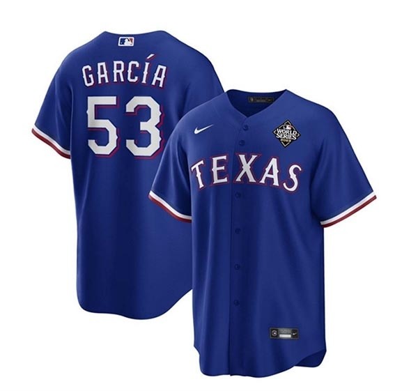 Men's Texas Rangers #53 Adolis Garcia Royal 2023 World Series Stitched Baseball Jersey