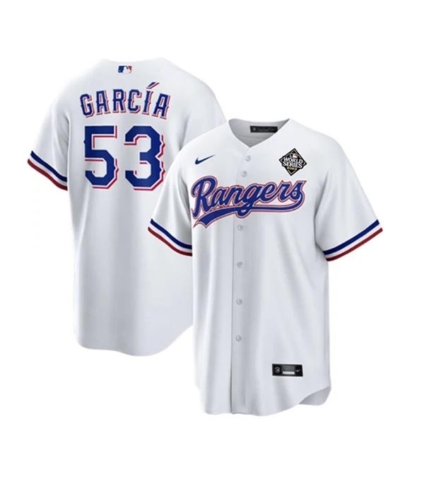 Men's Texas Rangers #53 Adolis Garcia White 2023 World Series Stitched Baseball Jersey